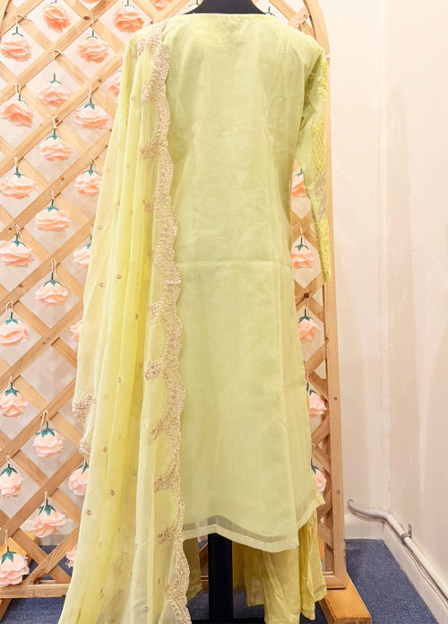 Lemon Yellow Embroidered Soft Organza 3-Piece