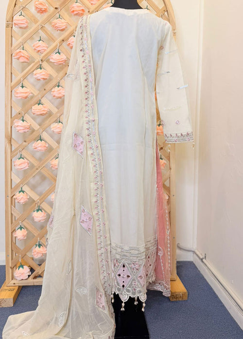 Cream Embroidered Soft Organza 3-Piece