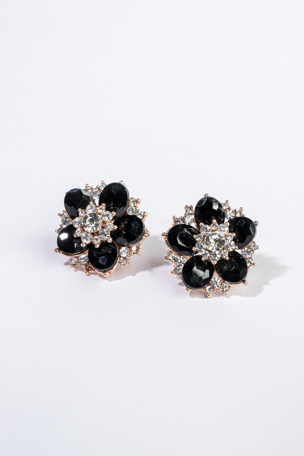 Gold and Black Diamante Flower Stud Earrings